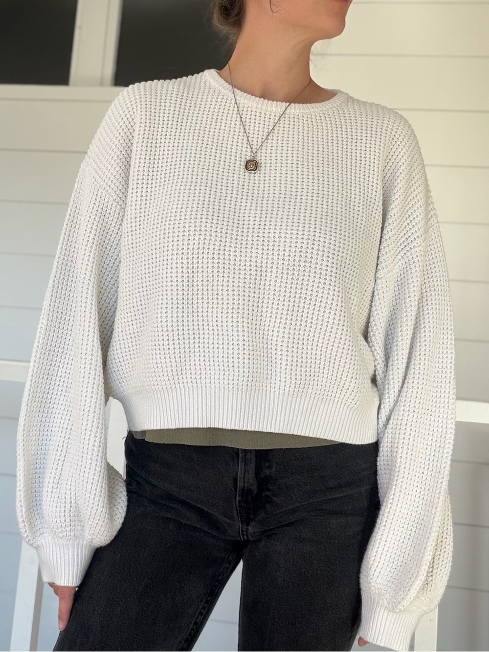 Rhythm Waffle Knit Crewneck Sweater Cream Balloon Sleeve Medium